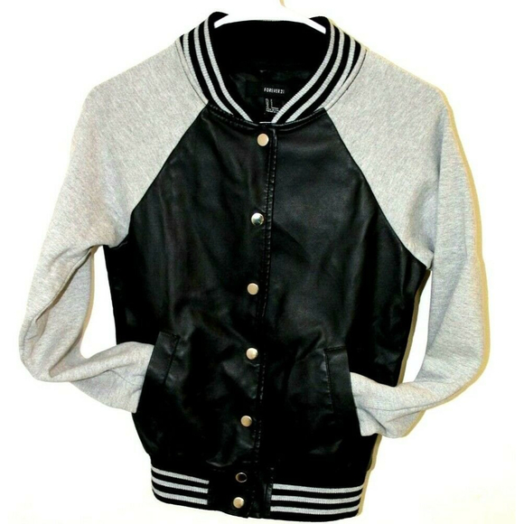 Forever 21 Womens Varsity Letterman Black Gray Varsity Bomber Jacket Size S EUC - Picture 1 of 3